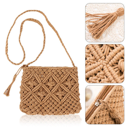Boho Woven Handbag Women Summer Beach Cotton Tassel Bag Rattan Shoulder Ladies
