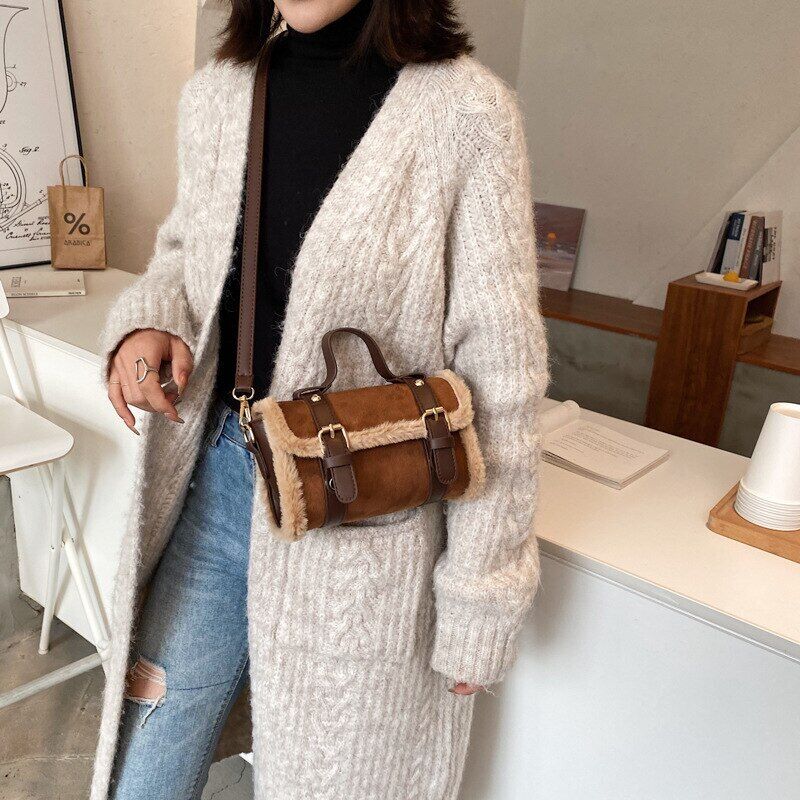 Matte Leather Lambswool Small Handbags Women Shoulder Bags Crossbody Bag Fur