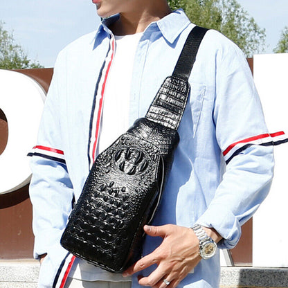 Sling Backpack Men's Genuine Leather Crocodile Crossbody Bag Chest Bag Sling Bag