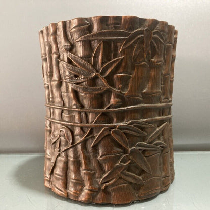 chinese bamboo carving antique carved brush pot pen case wood statue bamboo leaf