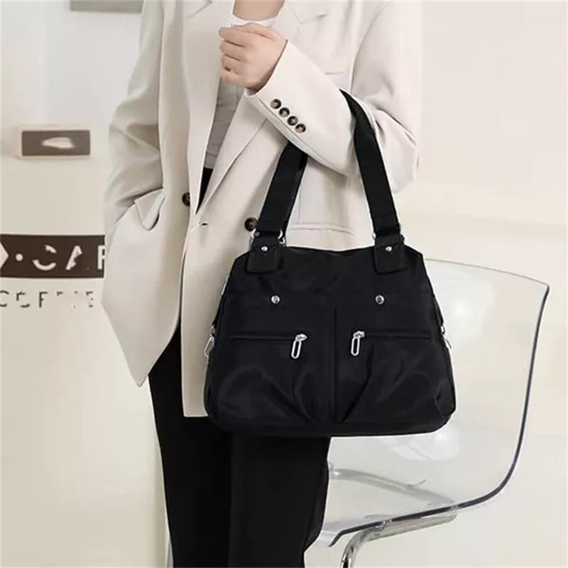 Large Capacity Lightweight Waterproof Multi-Pocket Nylon Shoulder Bag w/Zipper