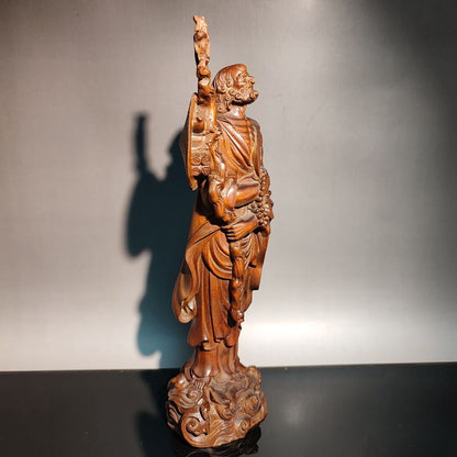 8" old antique wood carving Boxwood wooden sculpture buddha Dharma Arhat statue