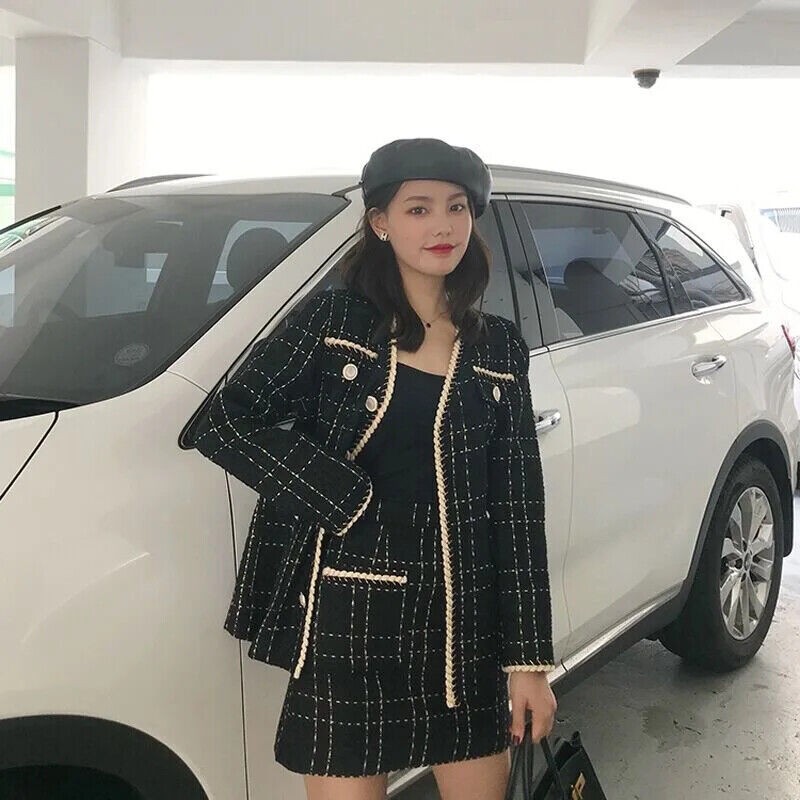 Plaid Tweed Jacket Coat + Mini Skirt Set Women 2 Piece Set Outfits Tracksuit