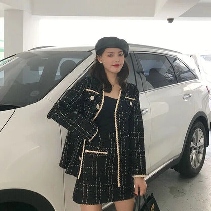 Plaid Tweed Jacket Coat + Mini Skirt Set Women 2 Piece Set Outfits Tracksuit
