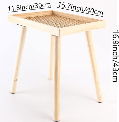 Wooden Rattan Side Table Boho Small Sofa Desk for Living Room Bedroom Home Decor