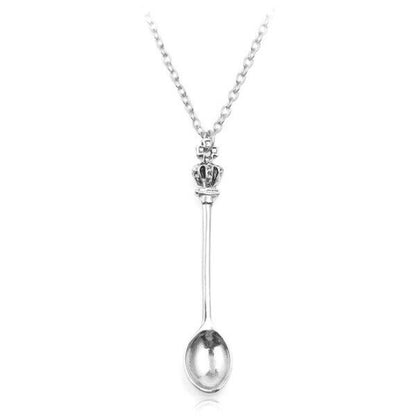Tiny Silver Tea Spoon Shape Charm Pendant Necklace with Crown - Gift