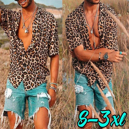Men Leopard Print T Shirts Occident Baggy Beach Short Sleeve Blouse Tops Casual