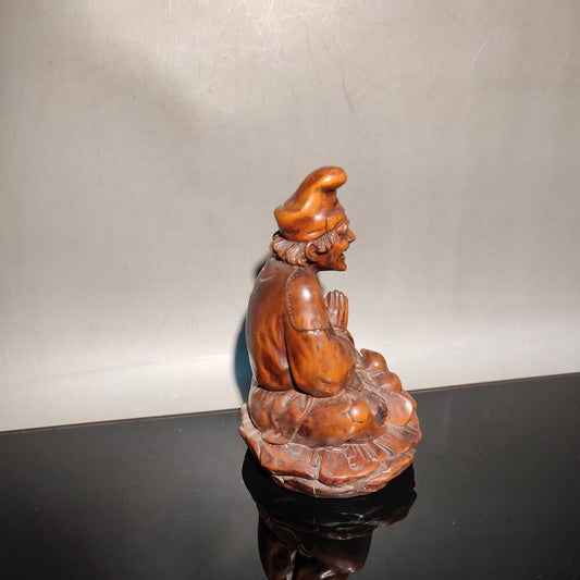 Nice wooden buddha statue boxwood carving happy monk antique figures home decor