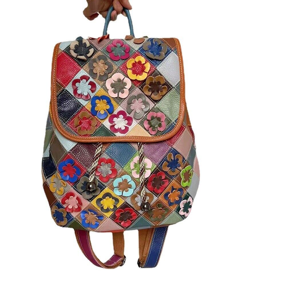 Top Real Leather Women's Bacpack, Desinger Colorful Patchwork Floral Travel Bag