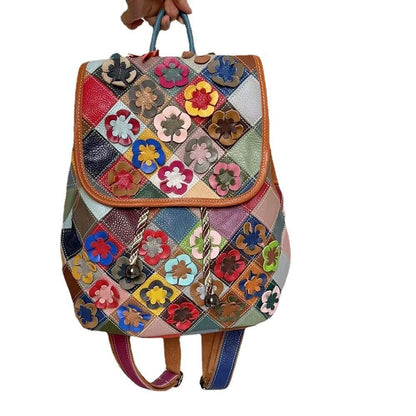 Top Real Leather Women's Bacpack, Desinger Colorful Patchwork Floral Travel Bag
