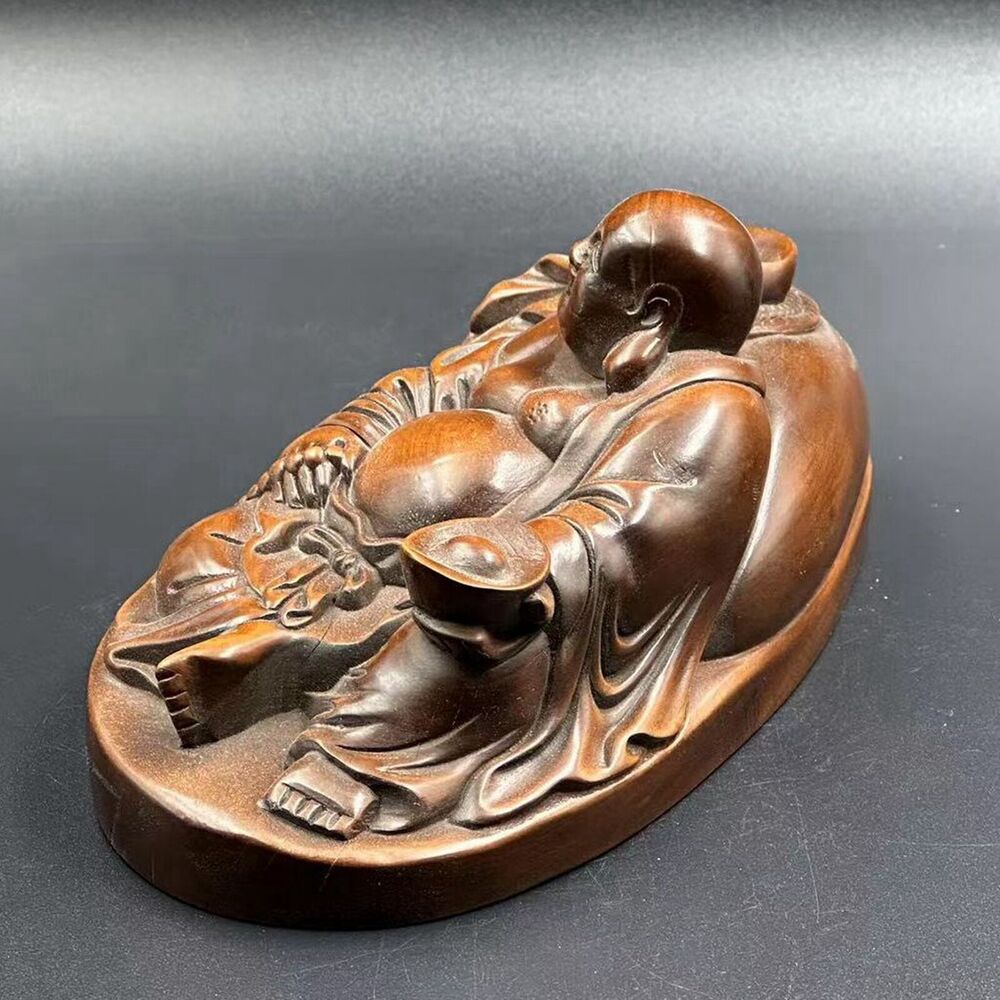 Antique Chinese Boxwood Wood Carved Maitreya Buddha Statue Wooden Decor Artwork
