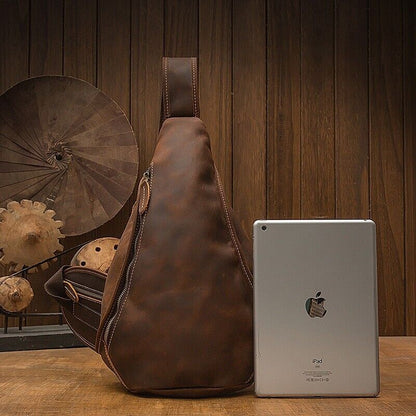 Crazy Horse Leather Men's Sling Backpack, Dark brown Top Leather Crossbody Bags