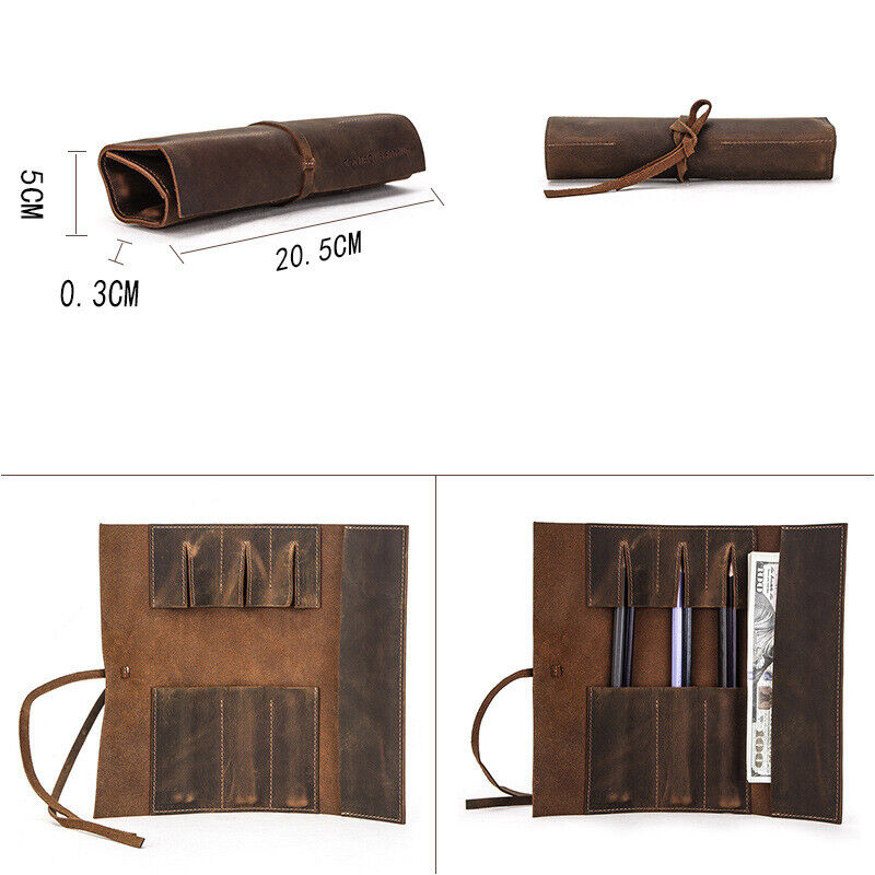 Handmade Cowhide Leather Pen Pouch Vintage Roll-up Pencil Case Bag Pen Curtain