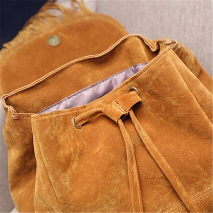 Women Tassel Backpacks Girls Suede Shoulder School Bags Travel Backbags