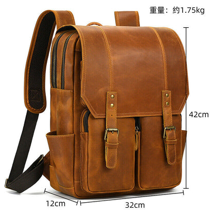 Mens Real Leather 15.6" Laptop Bag Backpack Large Hiking Travel Camping Carry On