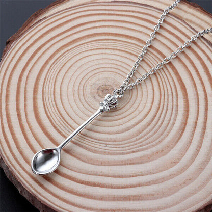 Tiny Silver Tea Spoon Shape Charm Pendant Necklace with Crown - Gift