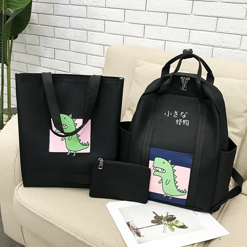 3 Pcs Sets Backpack School Bags Teenage Girls Women Casual Shoulder Zipper Solid