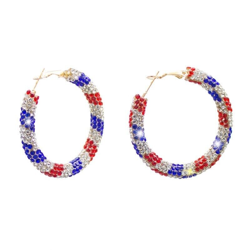 Women Hoop Earrings 35mm Rhinestone Patriotic Girls Fashion Jewelry Holiday Gift