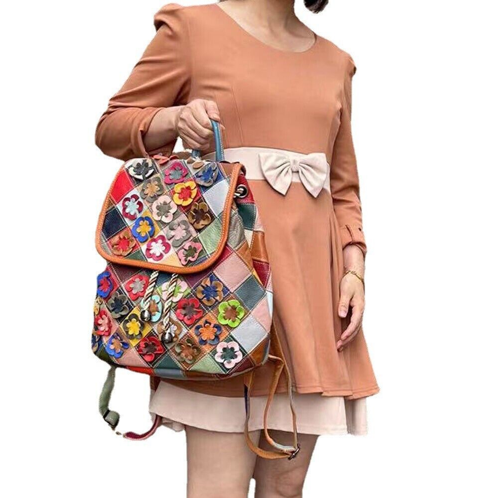Top Real Leather Women's Bacpack, Desinger Colorful Patchwork Floral Travel Bag