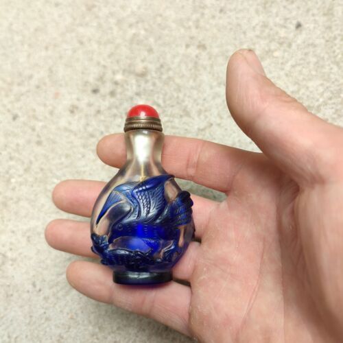 Fine blue Glass Lucky Snuff Bottle carved eagle statue mini colored glaze rare