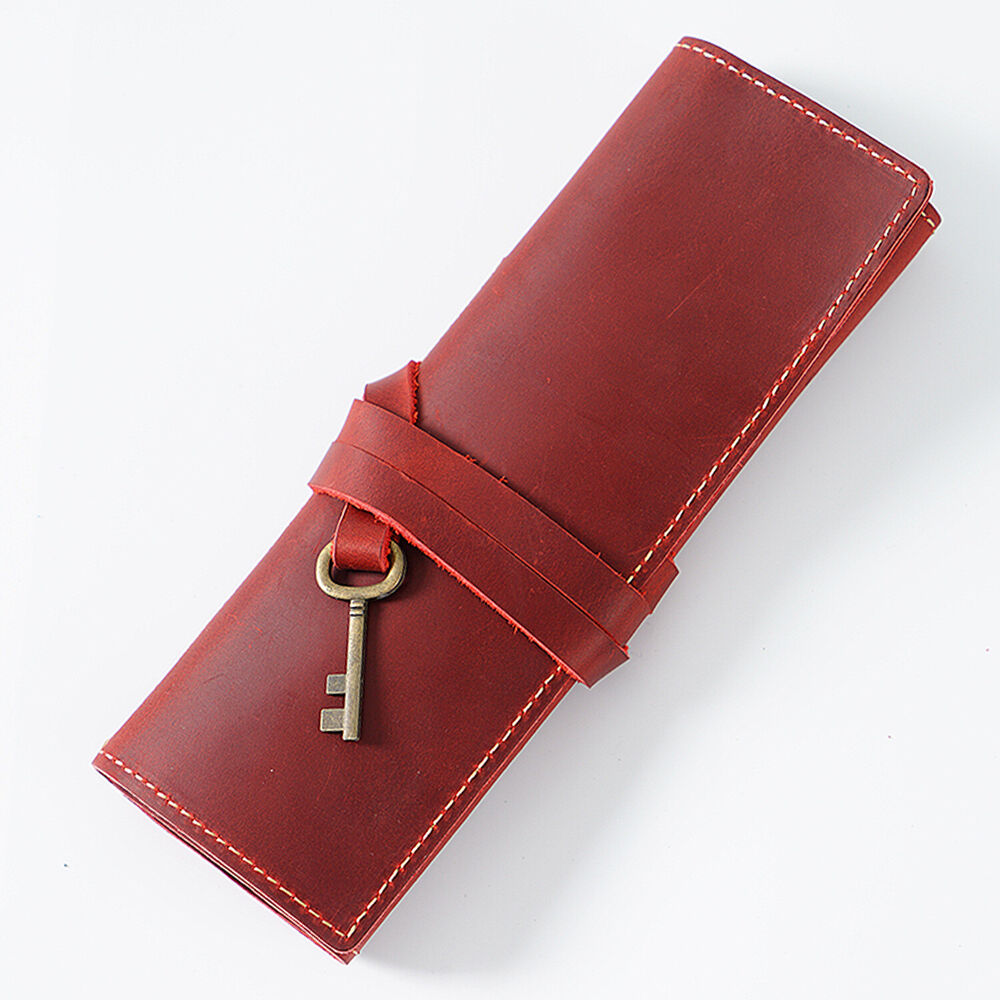 Handmade Cowhide Leather Pen Pouch Roll-up Pencil Case Bag Stationery Storage
