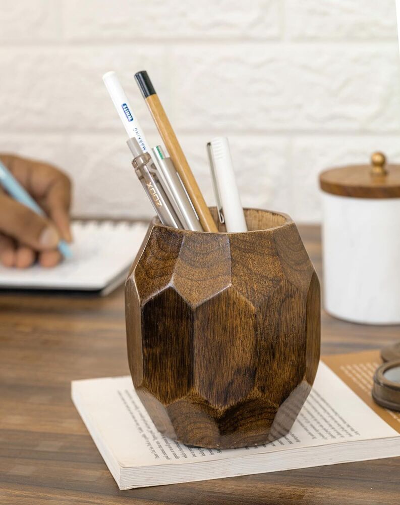 Wooden Geometric Pen Holder for Desk Pencil Cup Stand Desktop Organizer Makeup
