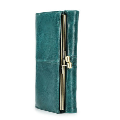 Wallet Metal Frame Genuine Leather Purse Hasp Zipper Coin Pocket Card Holder Bag