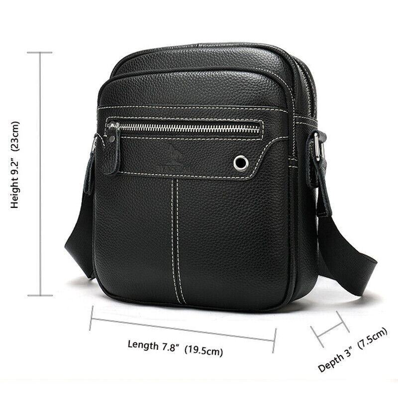100% Genuine Leather Men's Black Sling Shoulder/Messenger Bag 8" Zipper Bags