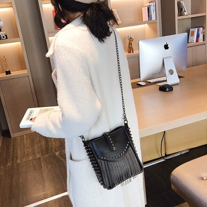 Women Shoulder Bag PU Leather Handbag Black Crossbody Tassel