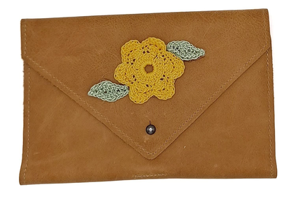Handmade Leather Women's Clutch Wallet Purse Smooth Leather Yellow Flower Gift