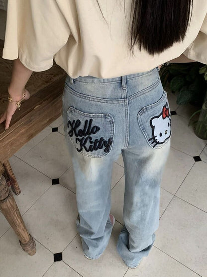 Hellokitty Embroidered Jeans Women's High Waist Loose Straight Pants