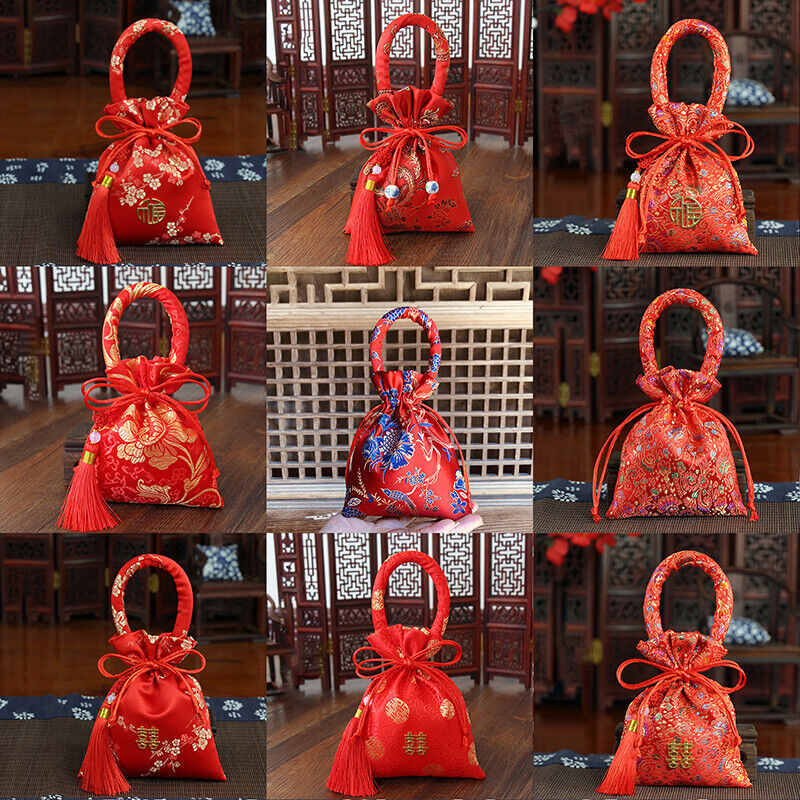 14x11cm Portable Brocade Wedding Candy Bag Package Bag Drawstring Red Candy BN8