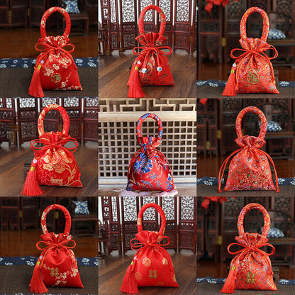 14x11cm Portable Brocade Wedding Candy Bag Package Bag Drawstring Red Candy BN8