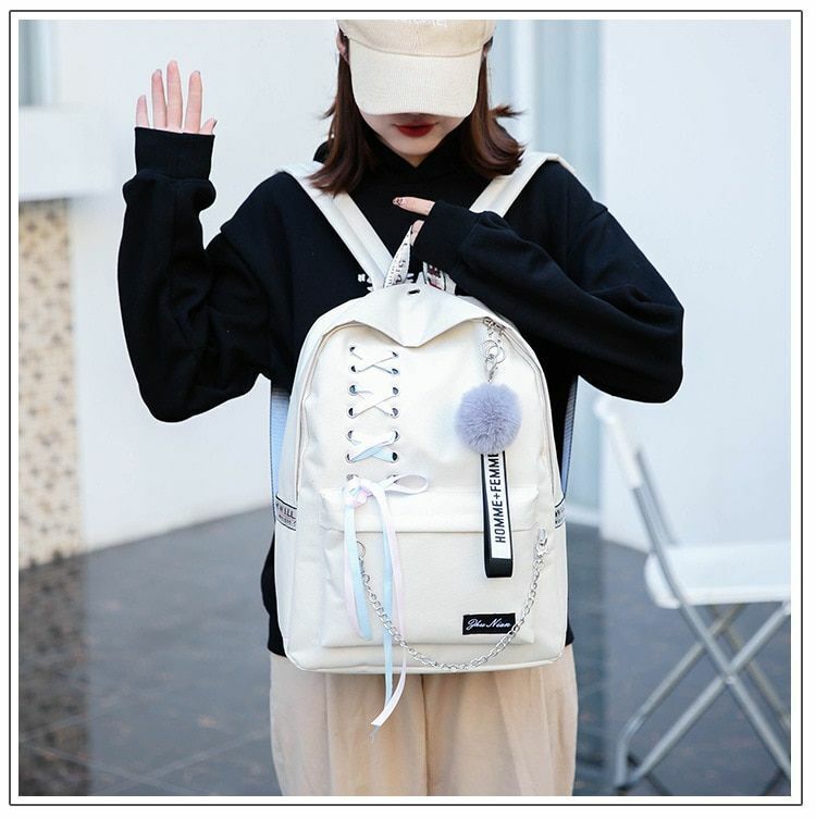 Students Backpack 5 pcs/set Ribbon Chain Girl Laptop School Bags Bookbag Oxford