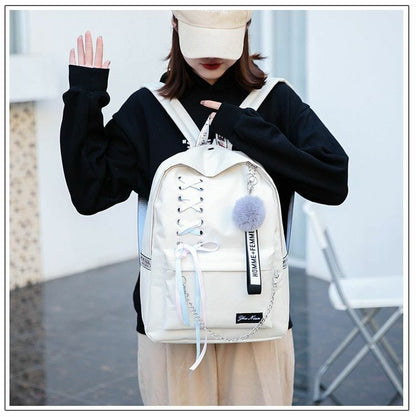 Students Backpack 5 pcs/set Ribbon Chain Girl Laptop School Bags Bookbag Oxford