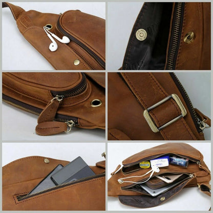 Man's Brown Real Leather Messenger Sling Chest Bag Sports Pouch Pack Cross Body