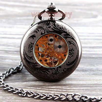 Retro Hand Wind Mechanical Pocket Watch With Fob Chains Men Hollow Skeleton Dial