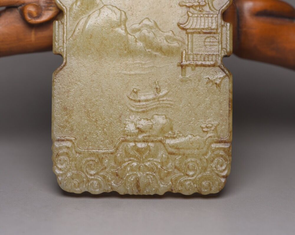 Chinese Natural Hetian Jade Carved Landscape Statues Exquisite Pendant Jewelry
