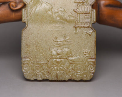 Chinese Natural Hetian Jade Carved Landscape Statues Exquisite Pendant Jewelry