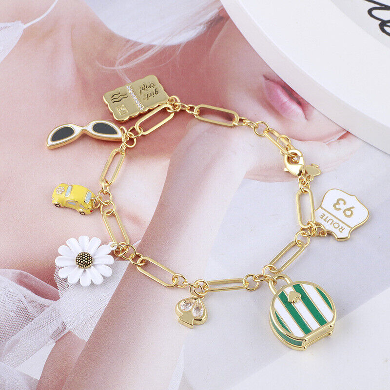 Kate Spade Enamel Glaze Daisy Car Handbag Glasses Pendant Charm Fashion Bracelet