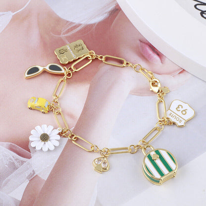 Kate Spade Enamel Glaze Daisy Car Handbag Glasses Pendant Charm Fashion Bracelet