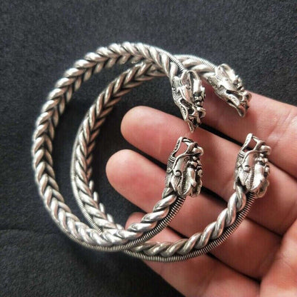 Chinese old Tibet Silver handcarved Dragon head pattern bracelet