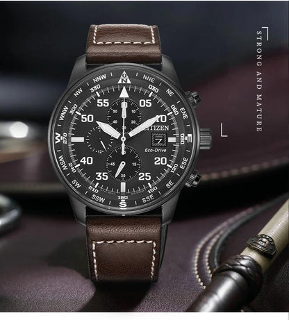 Men's Aviator Chronograph Black Dial Eco-drive Watch New Free Fast Shipping