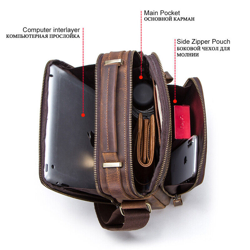 Men's Crazy Horse Cow Leather Vintage 8inch Messenger/Shoulder Bag Crossbody Bag