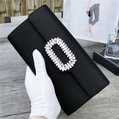 Women Black Evening Clutch Party Diamonds Shoulder Chain Purse Handbags Silk 1PC