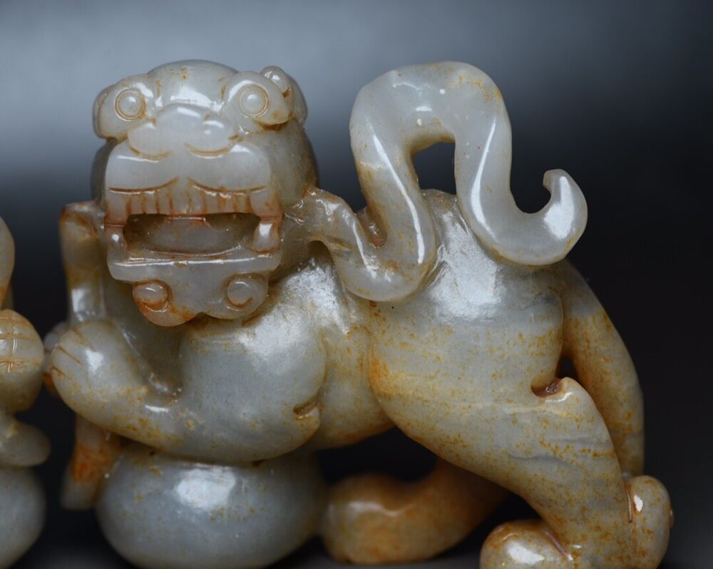 Chinese Antique Hetian Jade Carving Exquisite A Pair Lion Statue Sculpture Rare