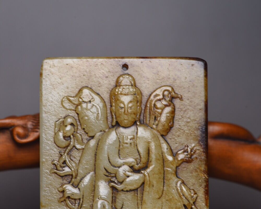 Chinese Antique Hetian Jade Carving Buddha Statue Good Luck Pendant Amulets Gift