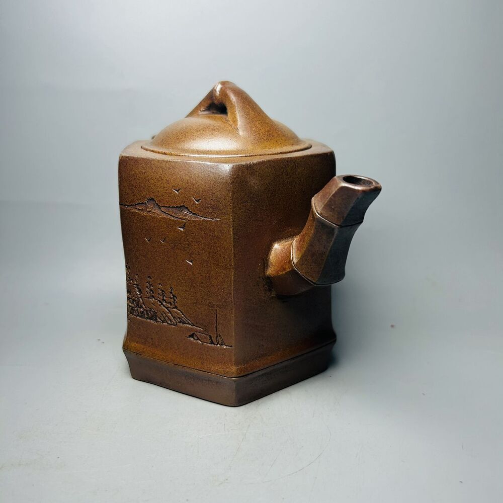 Vintage Chinese Yixing Purple Clay Teapot Zisha Ceremony Carving Landscape Rare