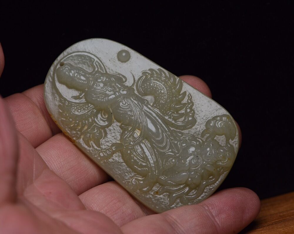 Chinese Top Natural Hetian Jade Carved Dragon Kuan Yin Statues Pendant Jewelry