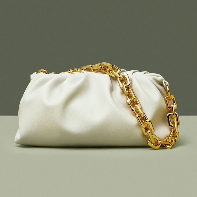 Genuine Cow Leather Handbag Thick Thin Chain Cloud Dumplings Clutch Shoulder Bag